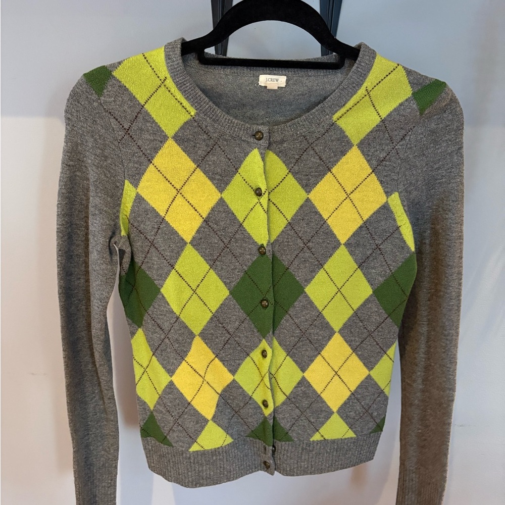 J. Crew Gray and Yellow Argyle Cardigan
